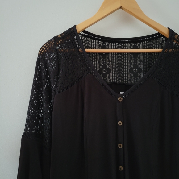 Torrid || 00 Super Soft Lace Black Bell Sleeve Button Up Top - Picture 8 of 11